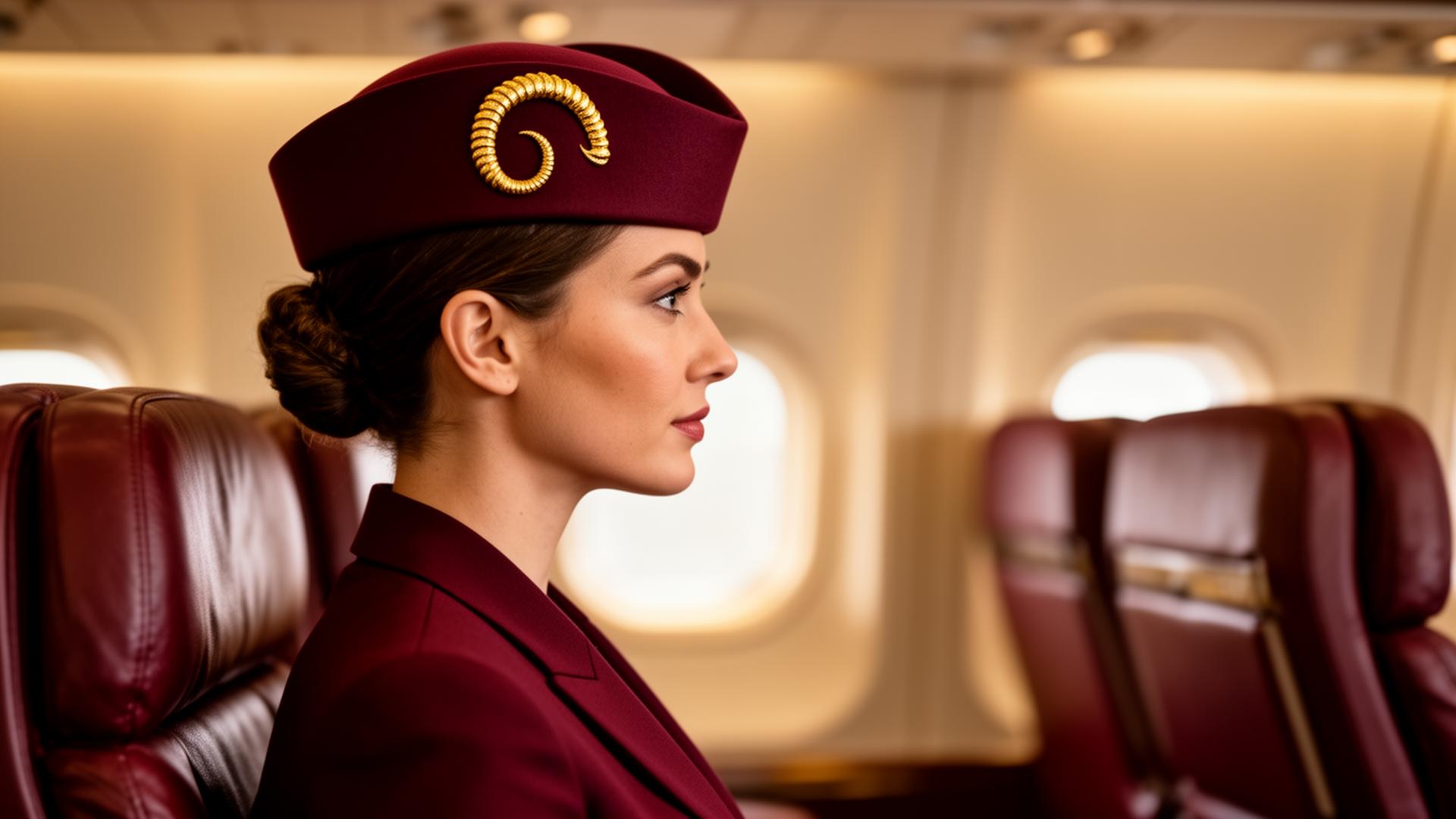 Smiling cabin crew member in burgundy uniform standing in the aisle of a luxury aircraft